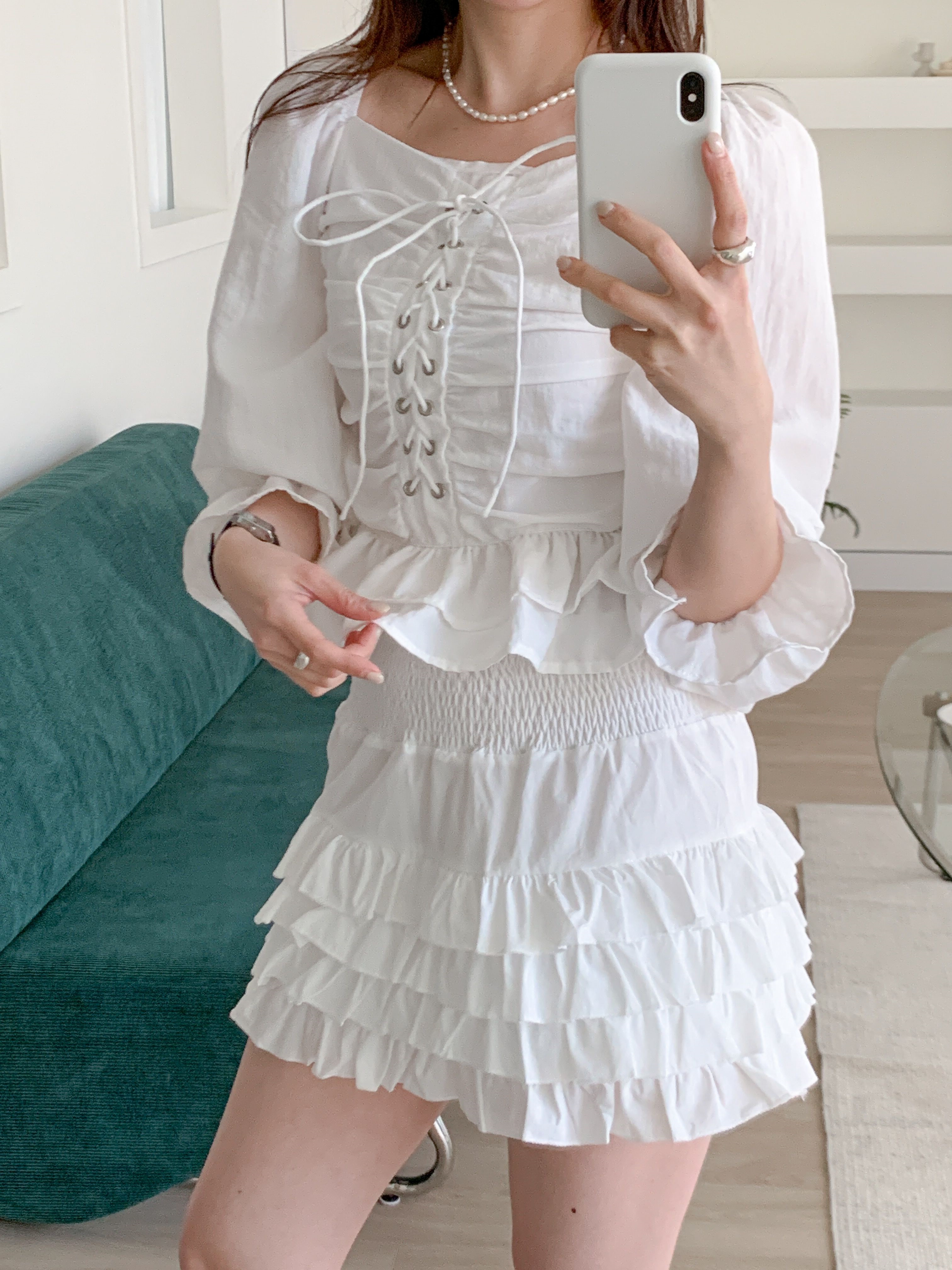 コットンスクエアネックシャーリングドローストリングパフスリーブクロップド長袖フレア無地ブラウス | 詳細画像19