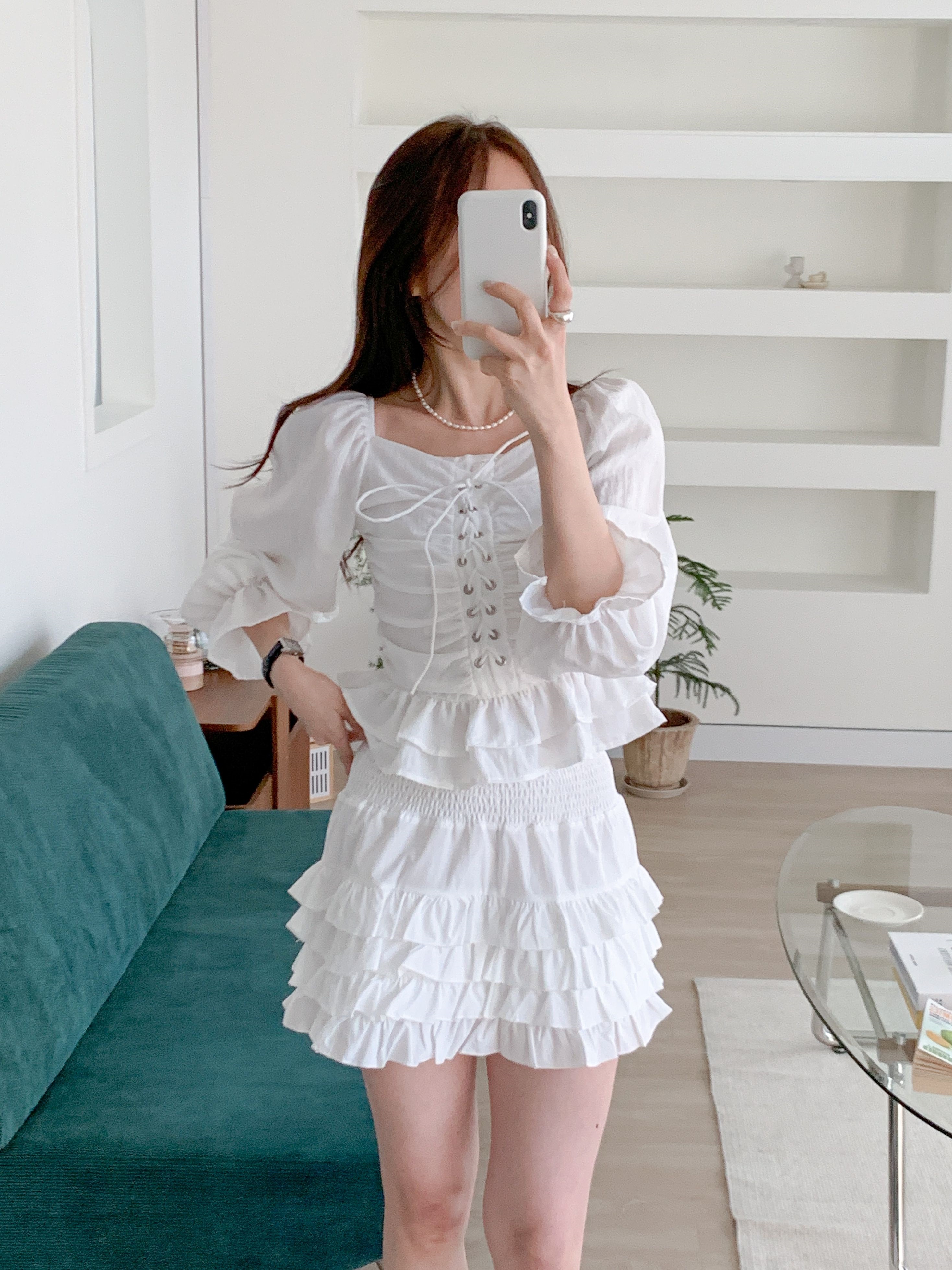 コットンスクエアネックシャーリングドローストリングパフスリーブクロップド長袖フレア無地ブラウス | 詳細画像20