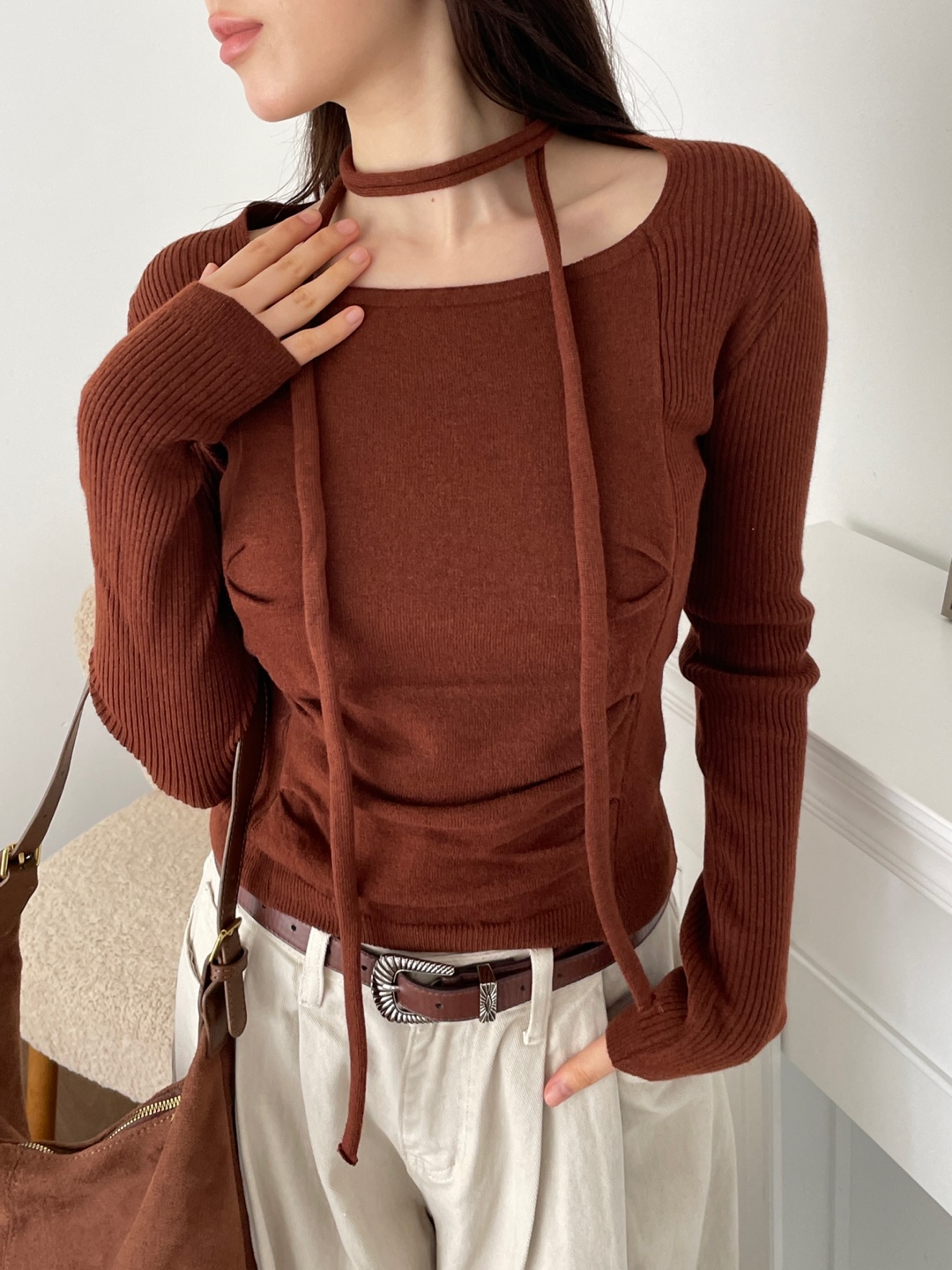 ラウンドネックベーシック長袖ニットマフラー付 | 詳細画像2