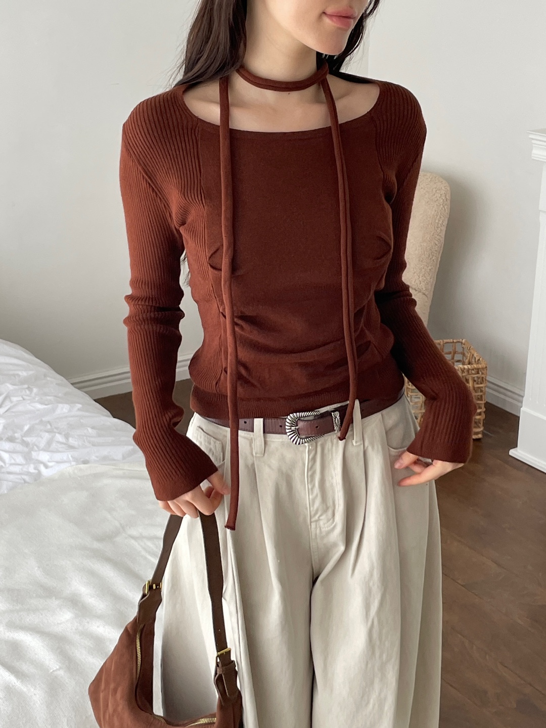 ラウンドネックベーシック長袖ニットマフラー付 | 詳細画像7