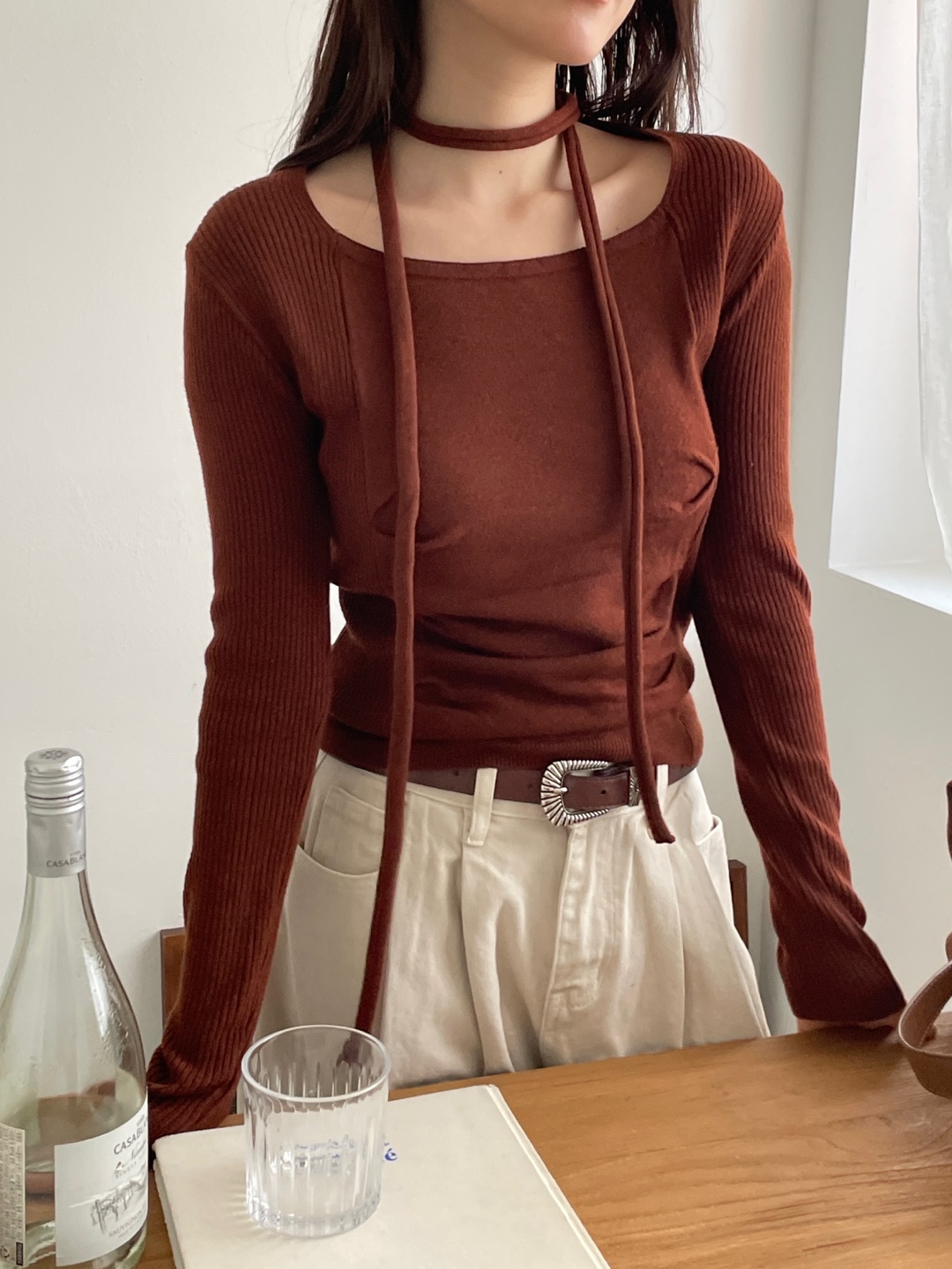 ラウンドネックベーシック長袖ニットマフラー付 | 詳細画像9