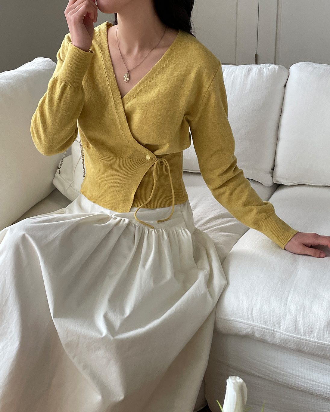 ニットボタンVネックドローストリング長袖カーディガン | 詳細画像2