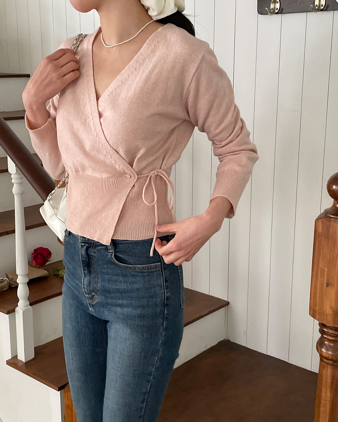 ニットボタンVネックドローストリング長袖カーディガン | 詳細画像12