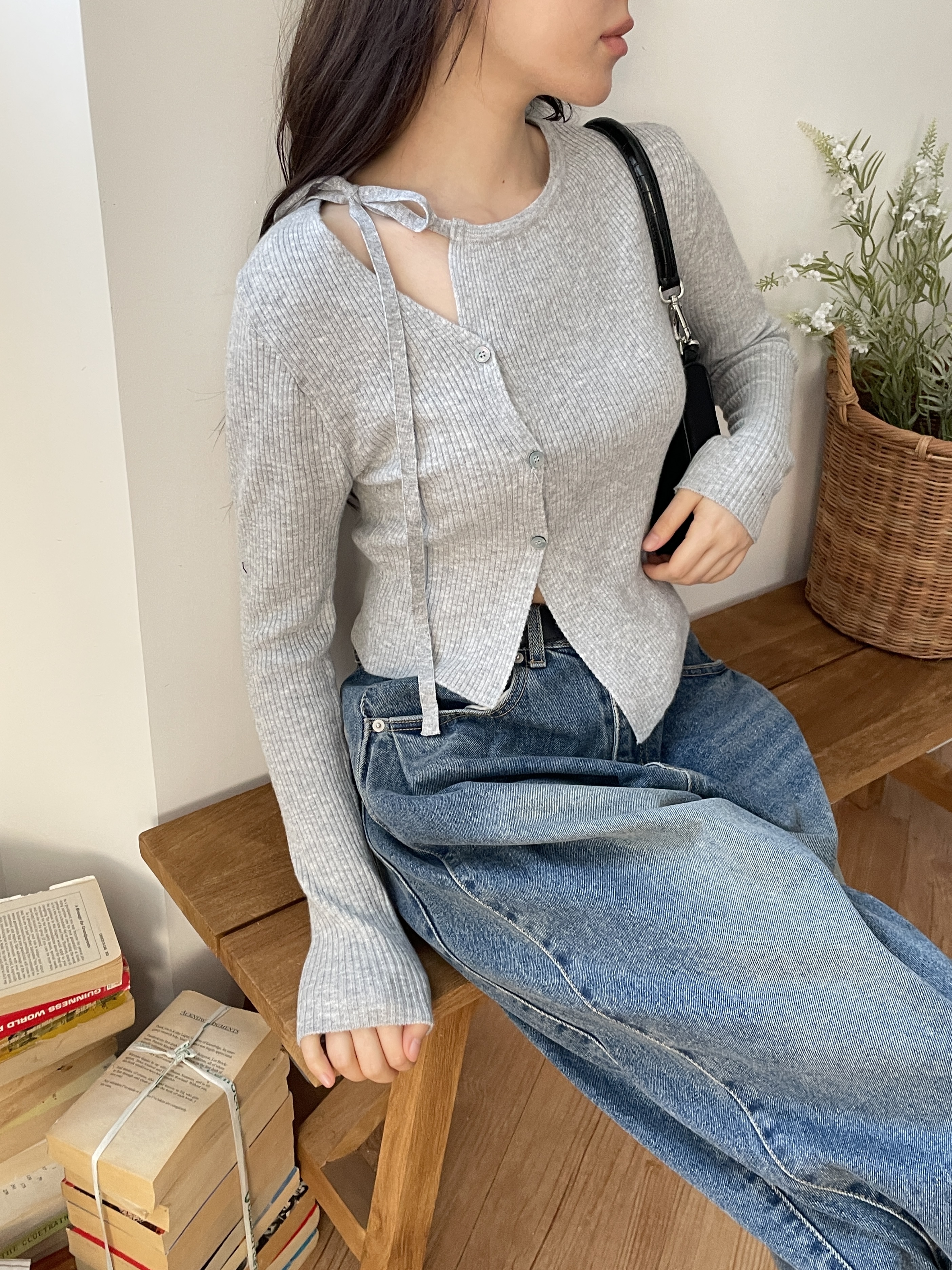 ニットボタンドローストリング長袖カーディガン | 詳細画像13