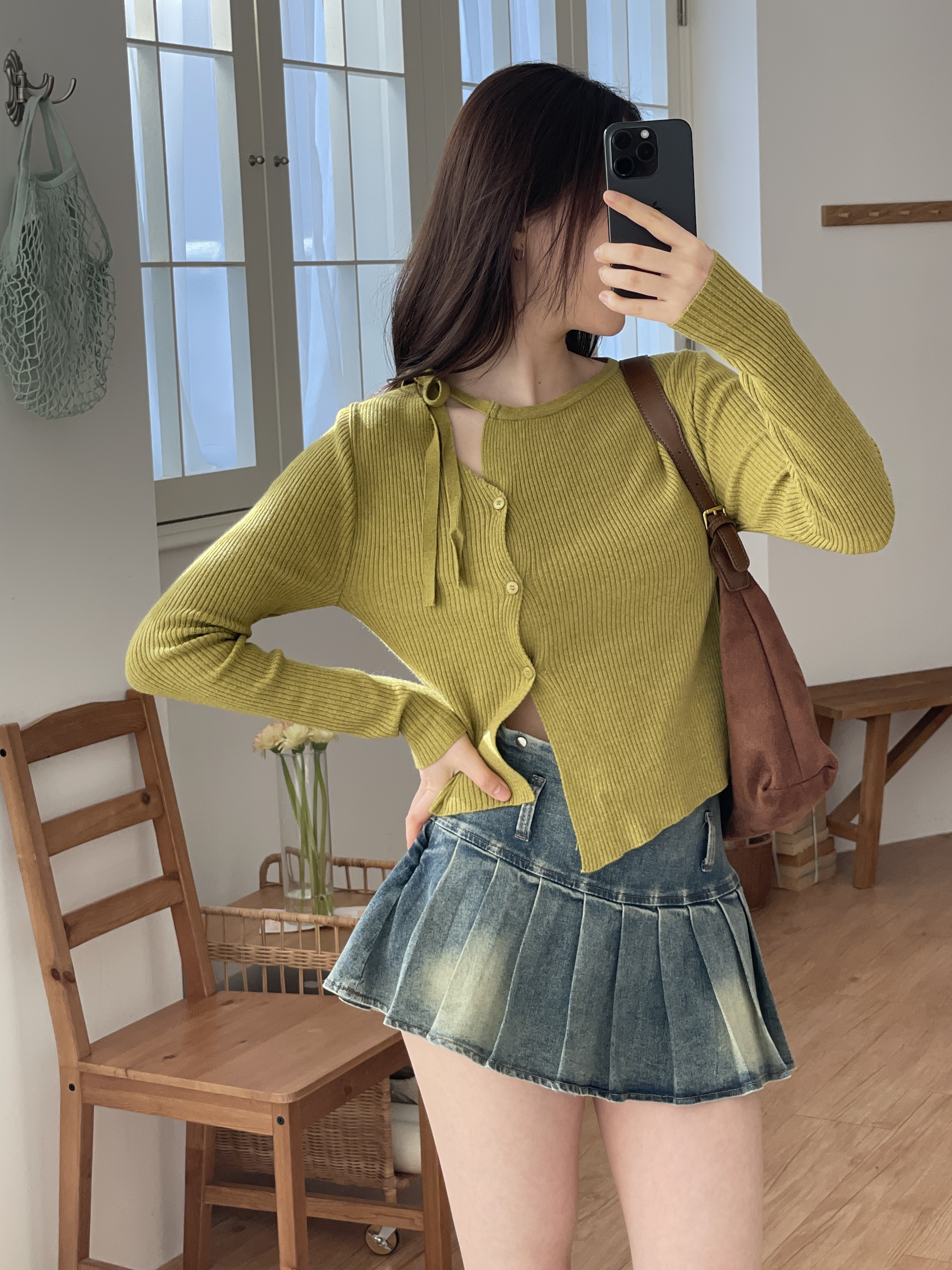 ニットボタンドローストリング長袖カーディガン | 詳細画像9