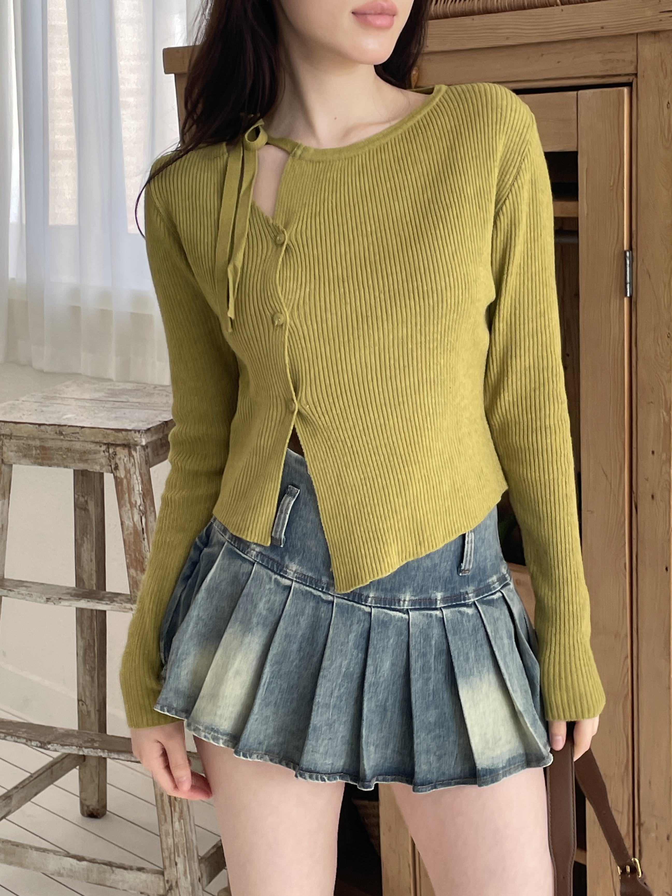 ニットボタンドローストリング長袖カーディガン | 詳細画像3