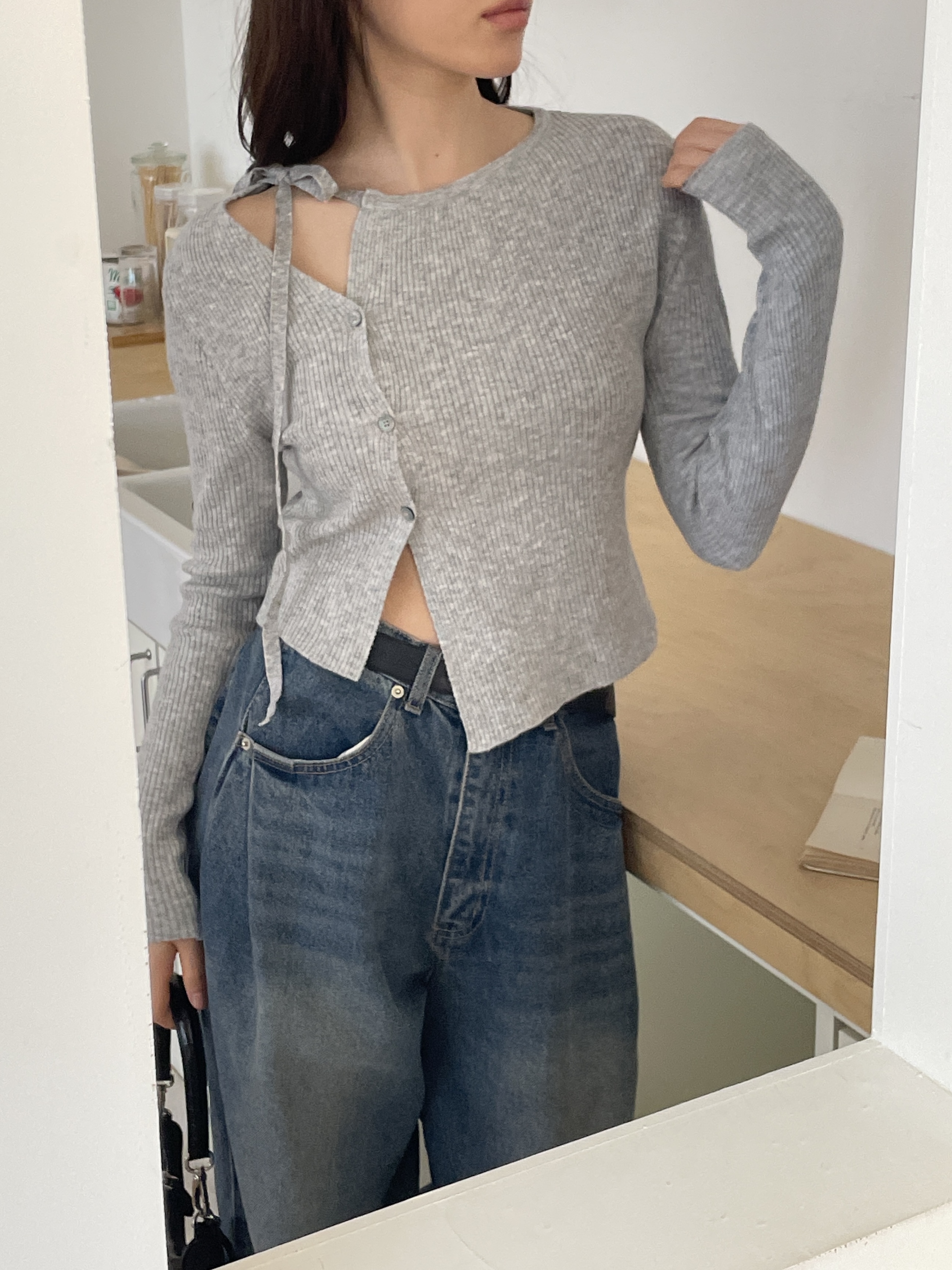 ニットボタンドローストリング長袖カーディガン | 詳細画像12