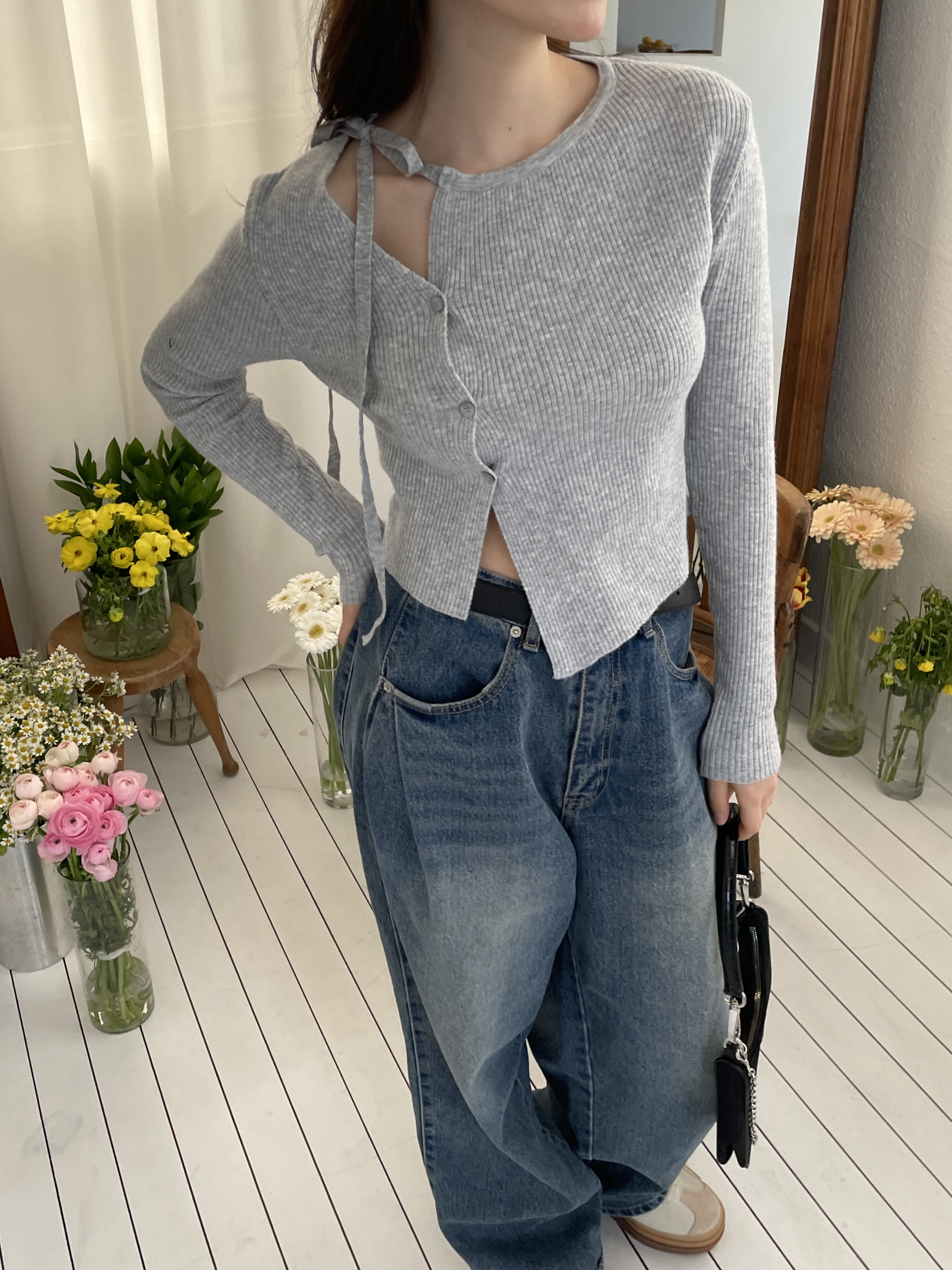 ニットボタンドローストリング長袖カーディガン | 詳細画像15