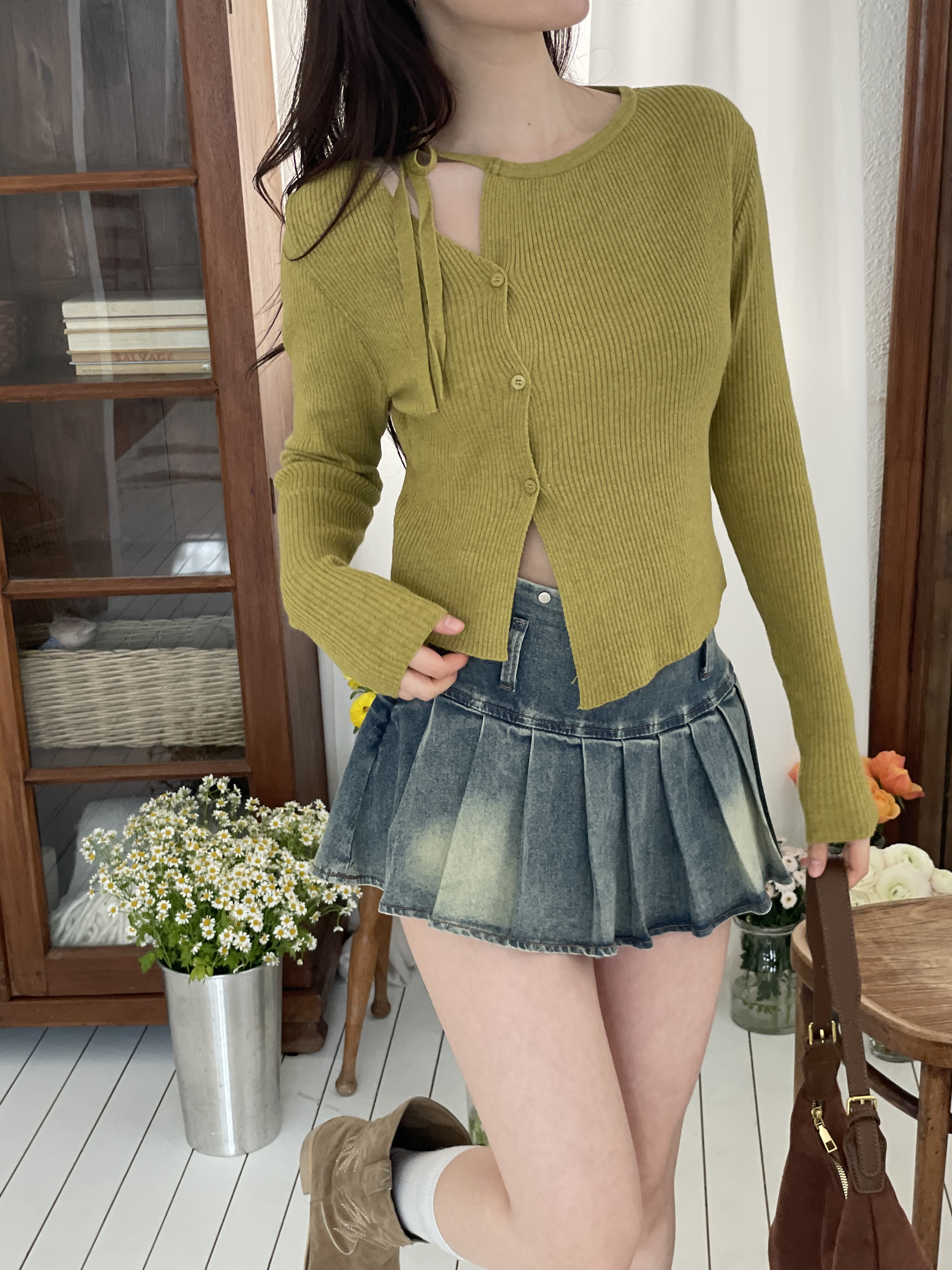 ニットボタンドローストリング長袖カーディガン | 詳細画像6