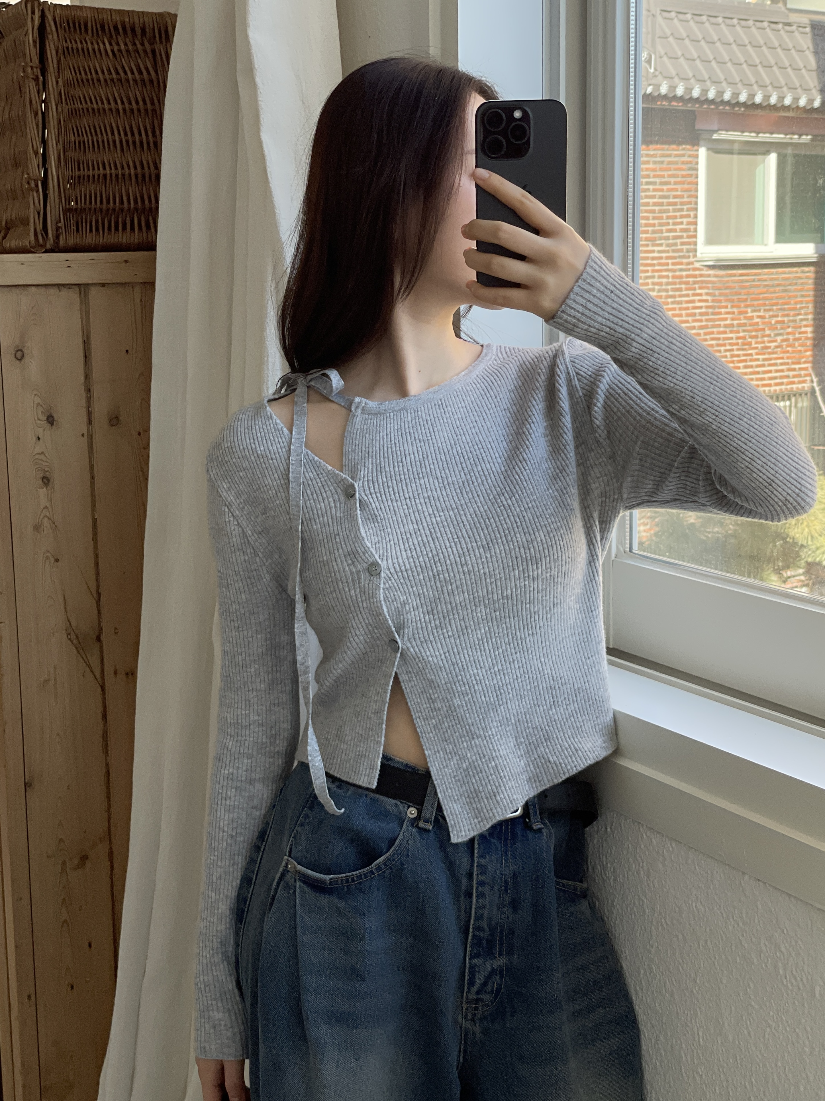 ニットボタンドローストリング長袖カーディガン | 詳細画像2