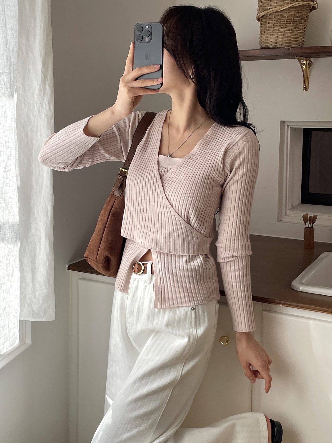 Vネックベーシックレイヤード風長袖ニット | 詳細画像2