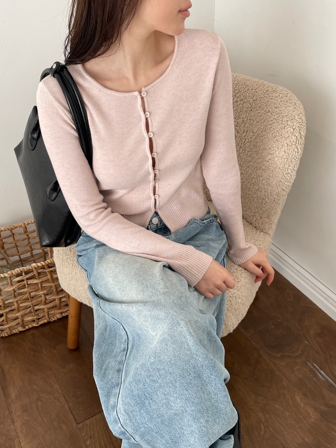 ボタンラウンドネックベーシックスリム長袖カーディガン | 詳細画像7