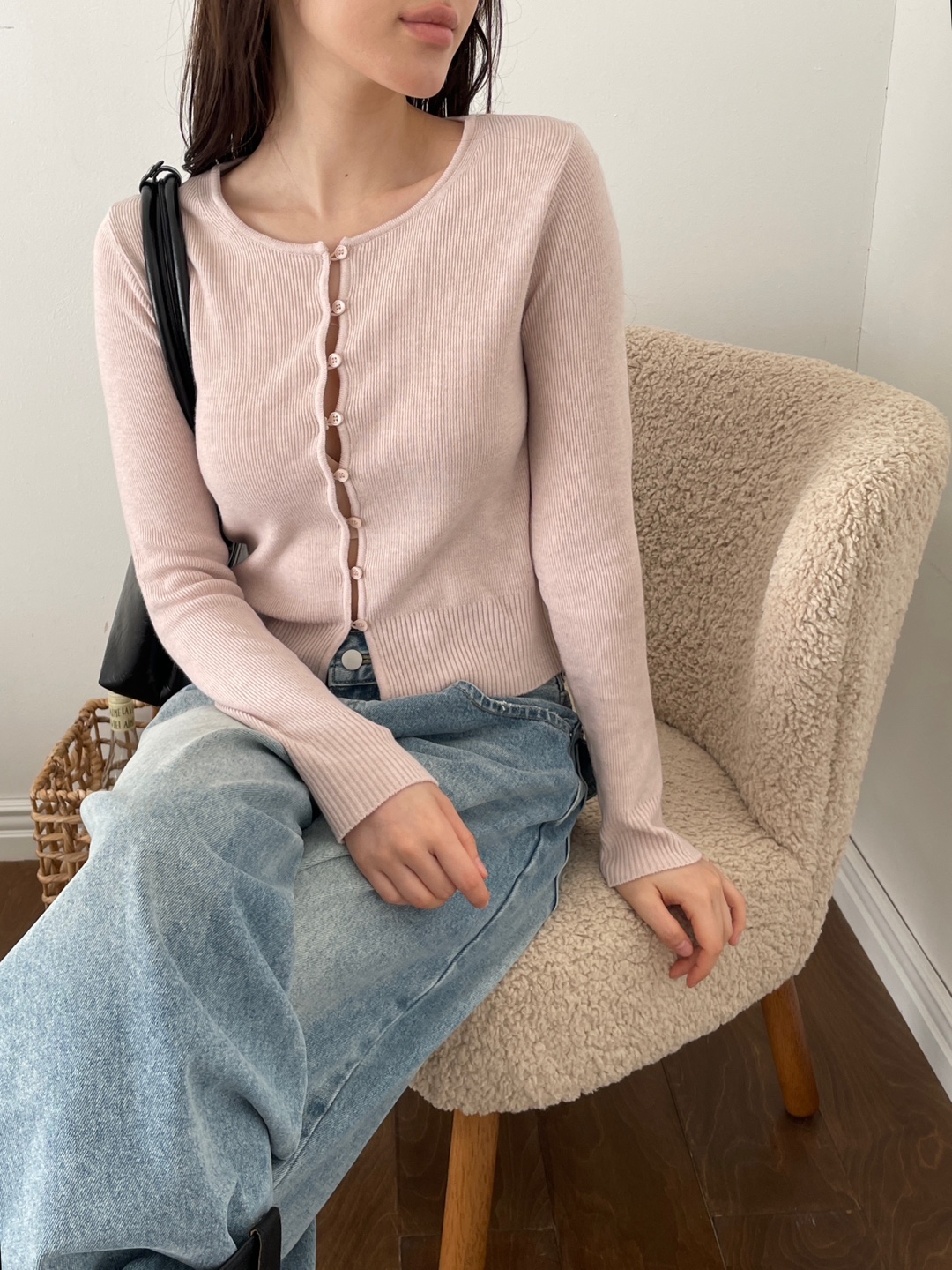 ボタンラウンドネックベーシックスリム長袖カーディガン | 詳細画像2