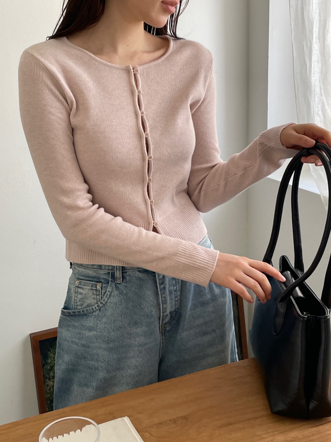 ボタンラウンドネックベーシックスリム長袖カーディガン | 詳細画像9