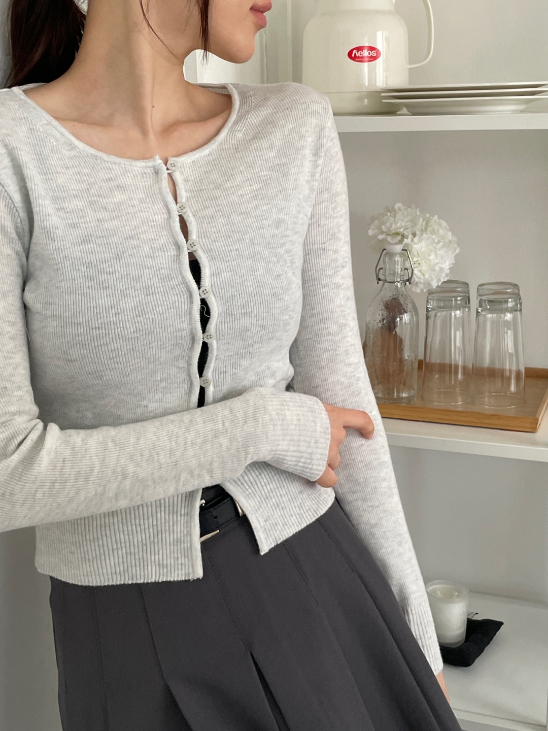 ボタンラウンドネックベーシックスリム長袖カーディガン | 詳細画像11