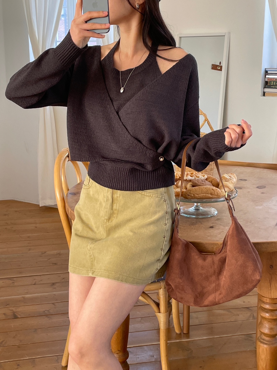 ラップパール調ボタンレイヤード風長袖ニットカーディガン | 詳細画像10