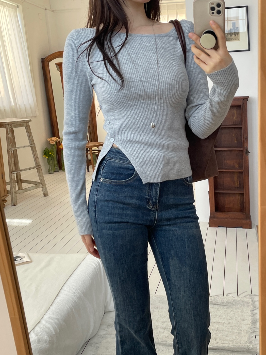 スリムアンバランス長袖フェイクボタンクロスニット | 詳細画像15