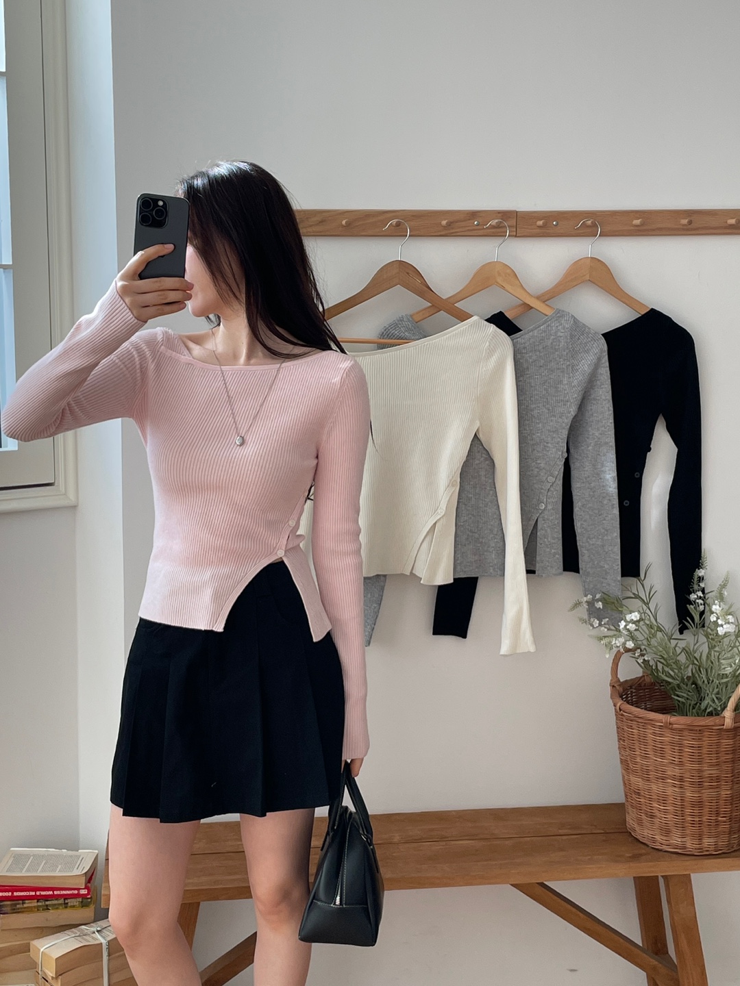 スリムアンバランス長袖フェイクボタンクロスニット | 詳細画像6