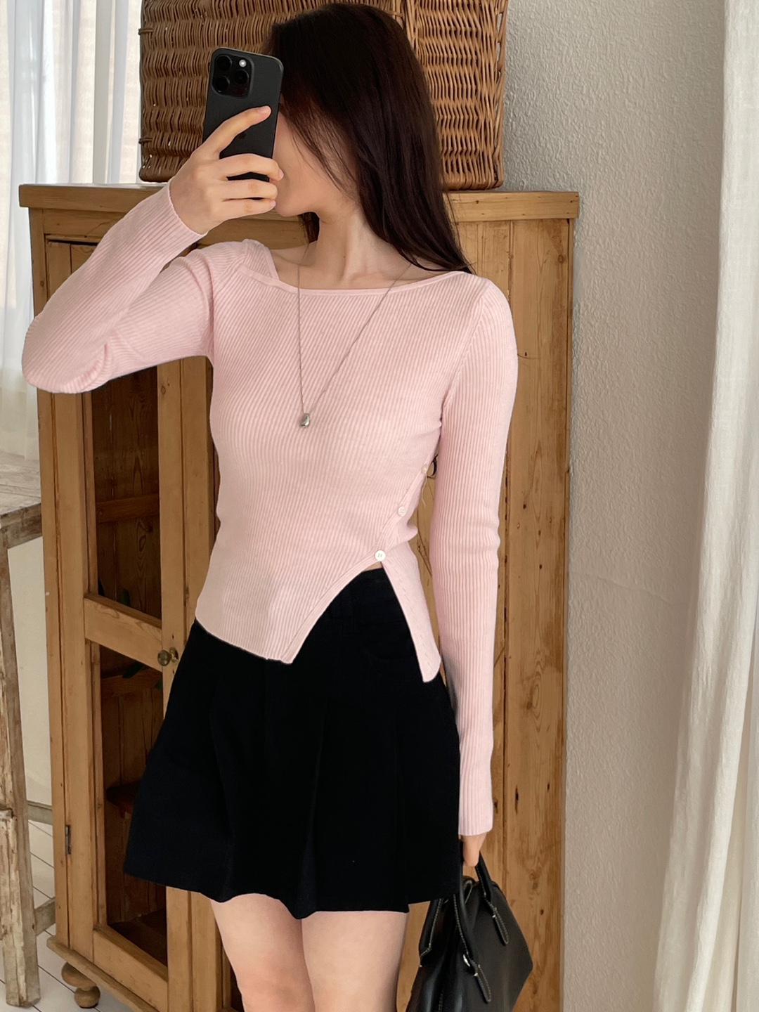 スリムアンバランス長袖フェイクボタンクロスニット | 詳細画像10