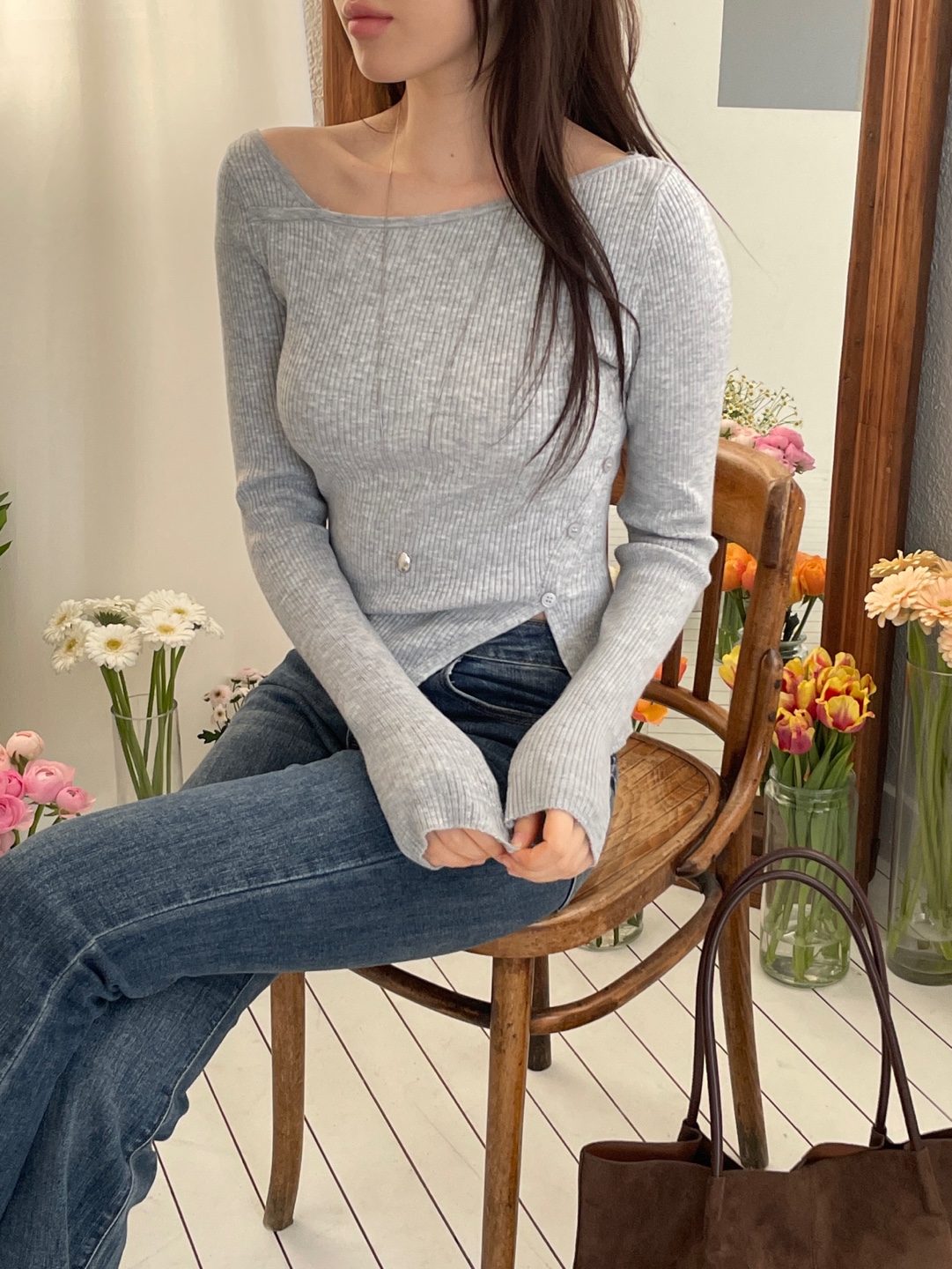 スリムアンバランス長袖フェイクボタンクロスニット | 詳細画像14