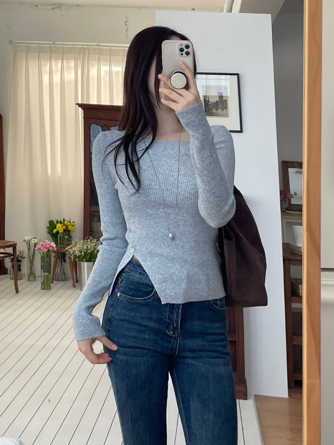 スリムアンバランス長袖フェイクボタンクロスニット | 詳細画像2