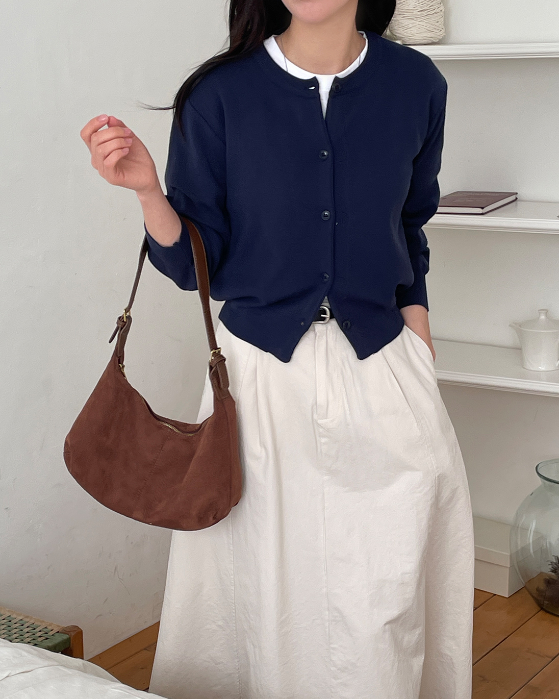 ニットボタンラウンドネックベーシック長袖カーディガン | 詳細画像11