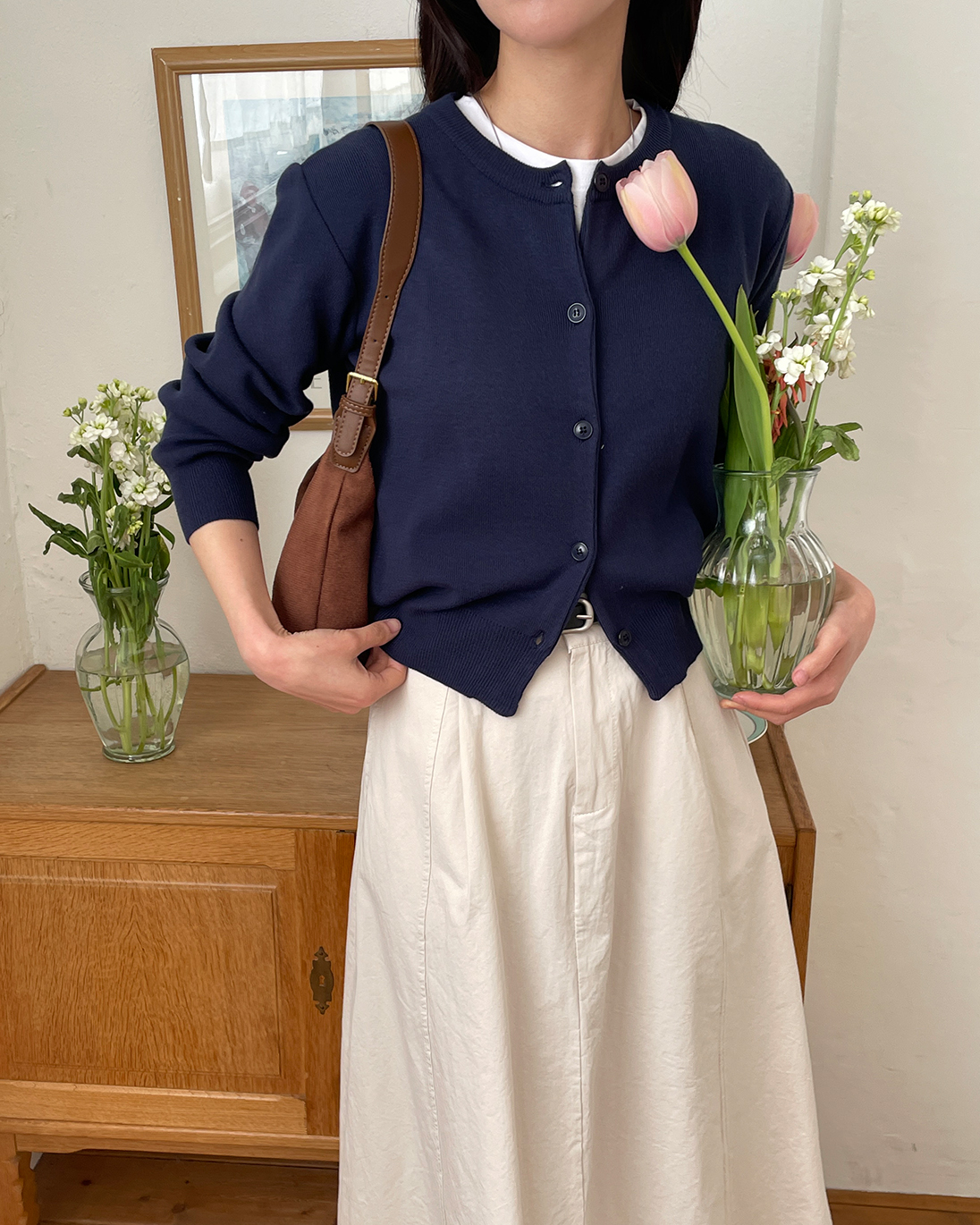 ニットボタンラウンドネックベーシック長袖カーディガン | 詳細画像13