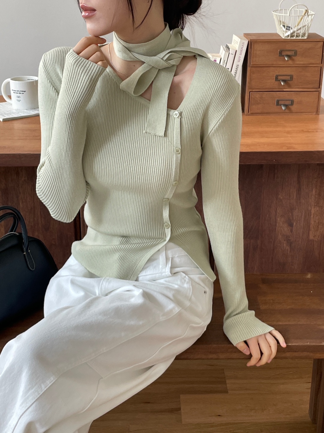 ボタンスリム長袖ニットスカーフ付 | 詳細画像6