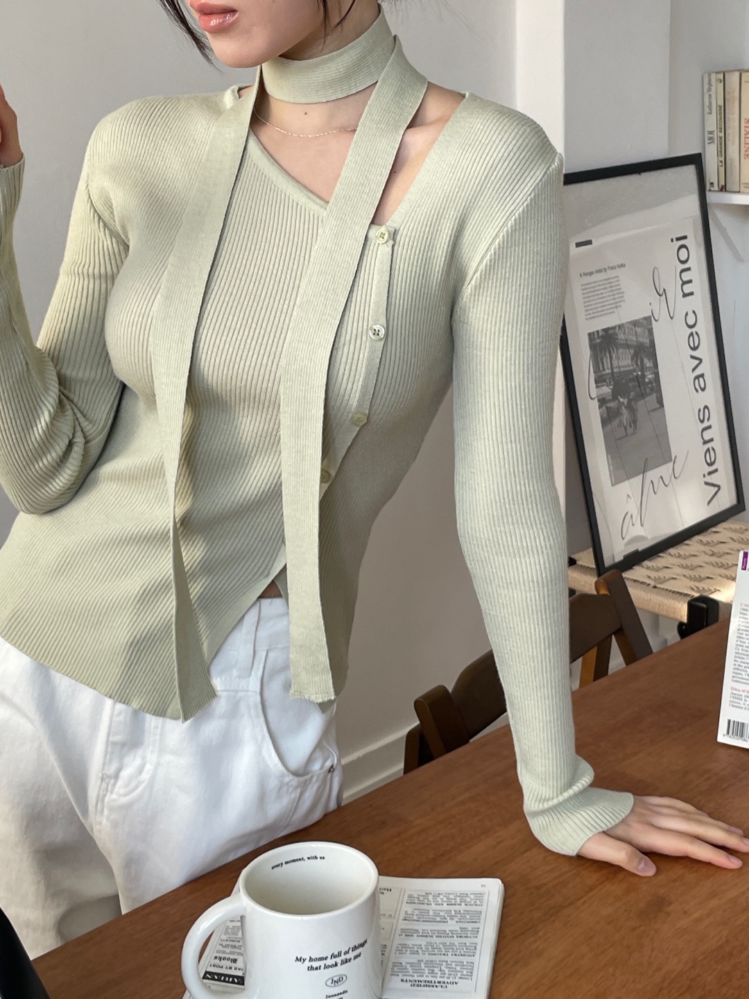 ボタンスリム長袖ニットスカーフ付 | 詳細画像7