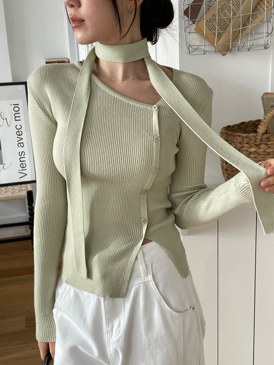 ボタンスリム長袖ニットスカーフ付 | 詳細画像9