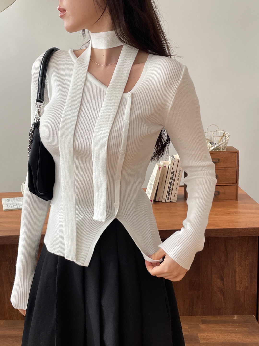 ボタンスリム長袖ニットスカーフ付 | 詳細画像11