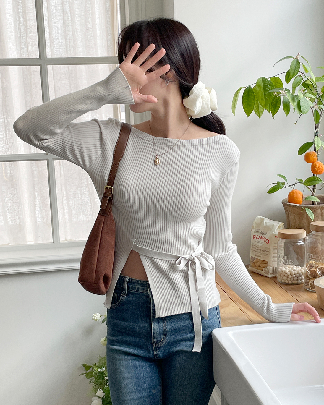 ラウンドネックドローストリングベーシック長袖ニット | 詳細画像3