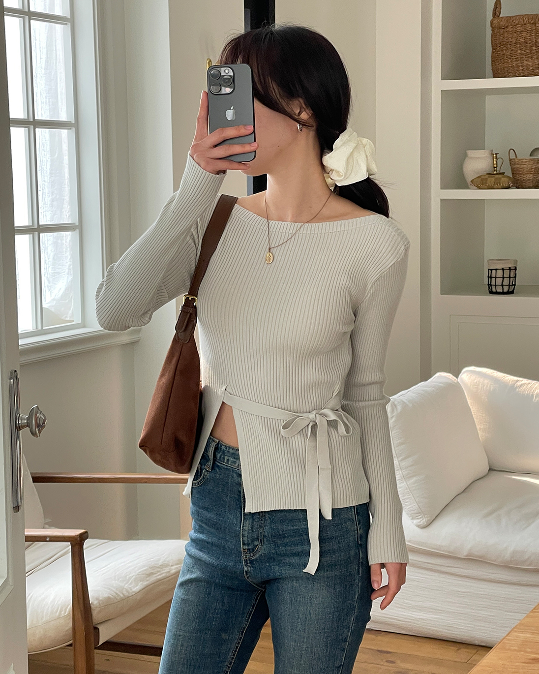 ラウンドネックドローストリングベーシック長袖ニット | 詳細画像12