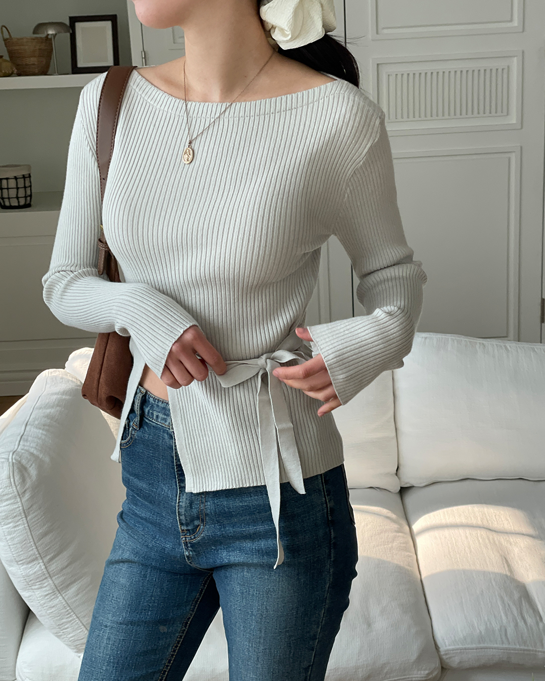 ラウンドネックドローストリングベーシック長袖ニット | 詳細画像14