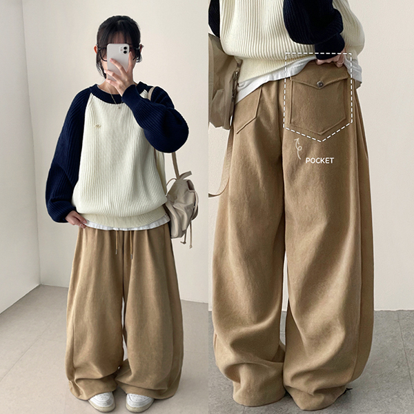 コットンバックポケットサイドピンタックウエストゴムドローストリング