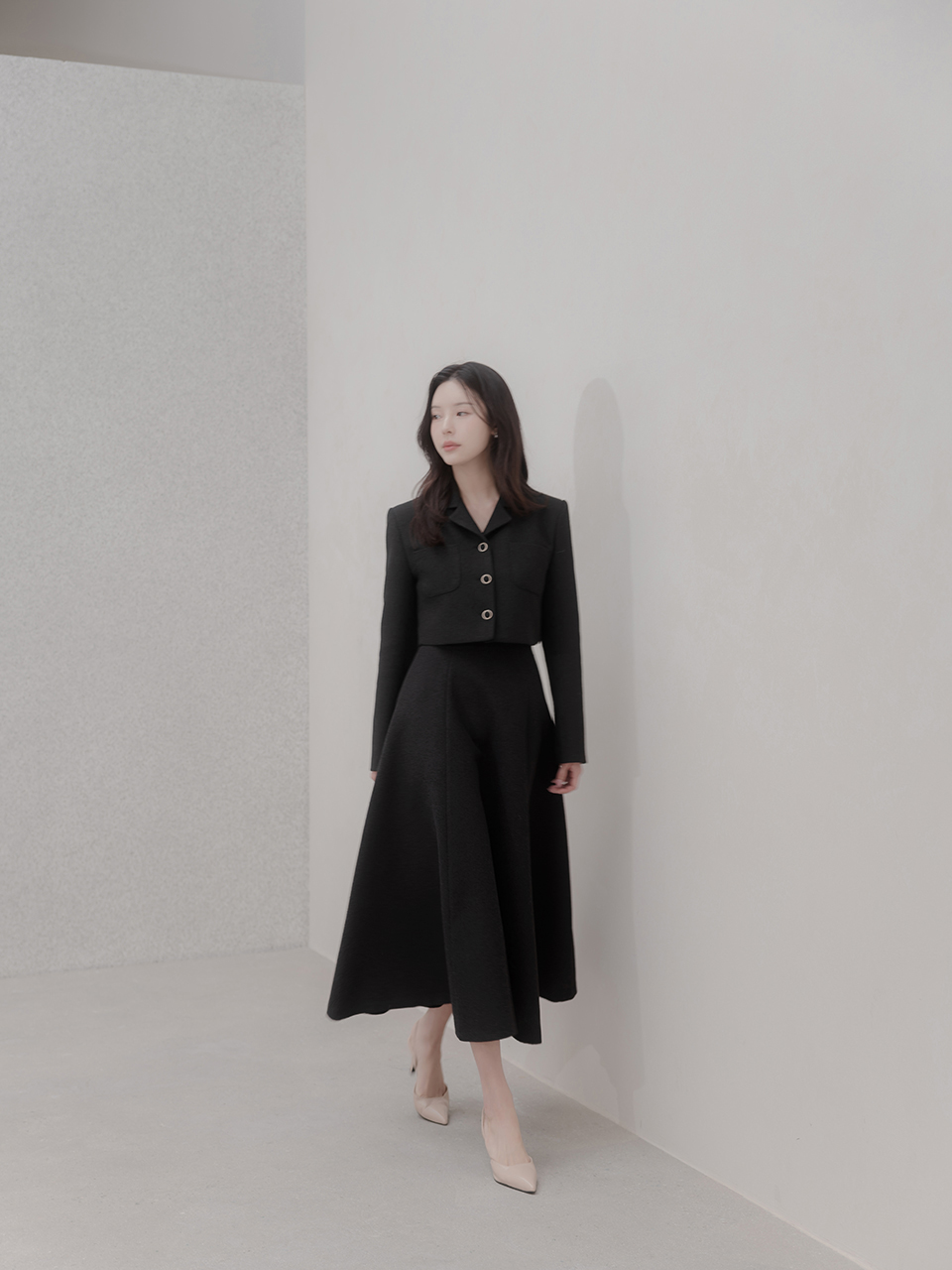 ツイードロングフレアジップアップカラー長袖クロップドボタン