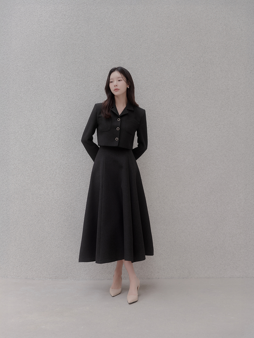 ツイードロングフレアジップアップカラー長袖クロップドボタン