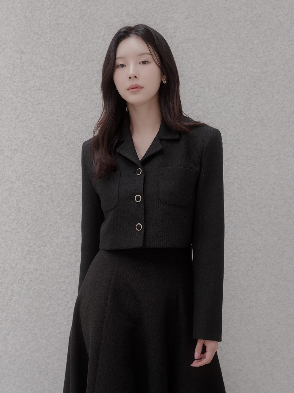 ツイードロングフレアジップアップカラー長袖クロップドボタン