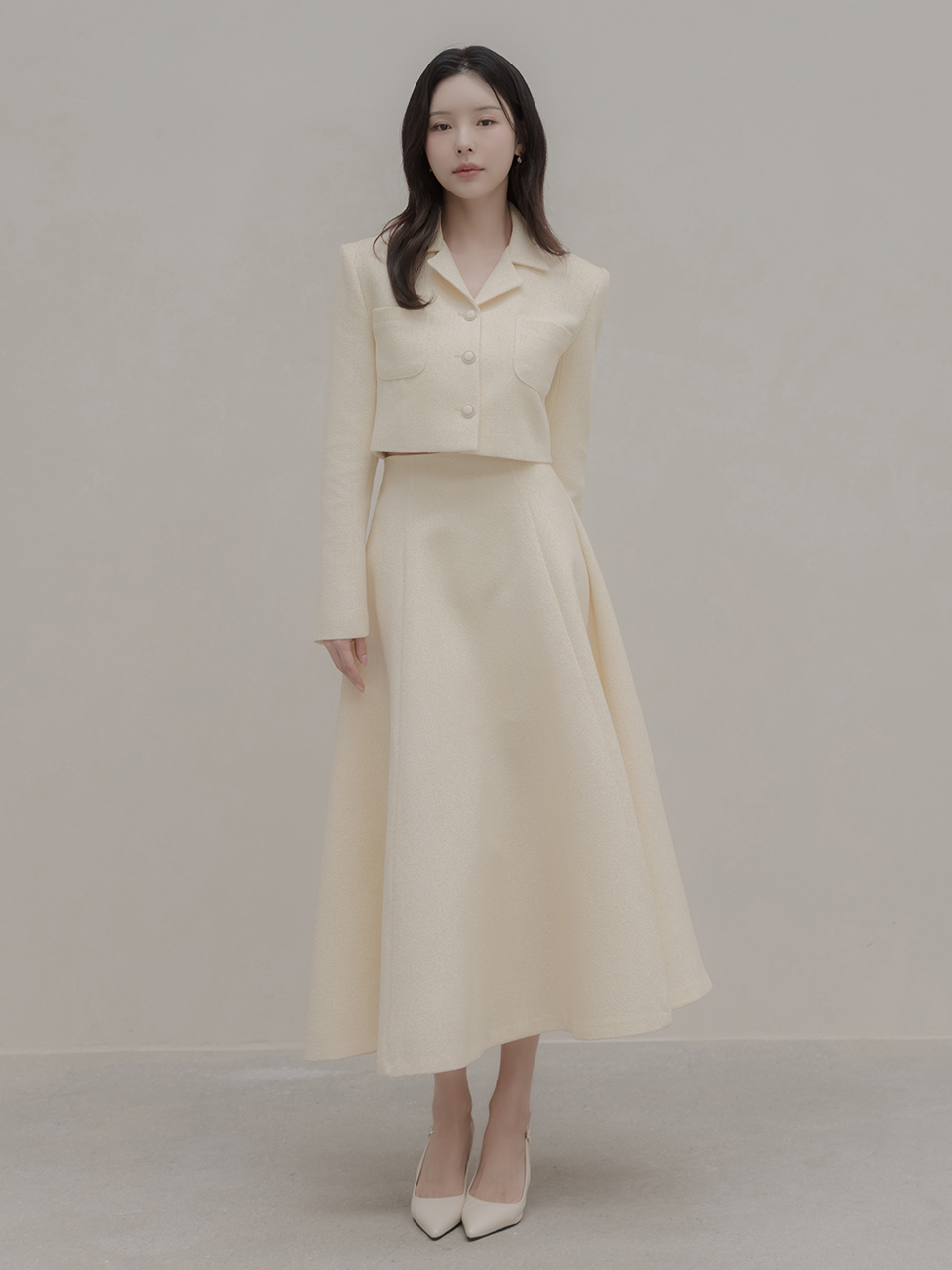 ツイードロングフレアジップアップカラー長袖ボタンセットアップ