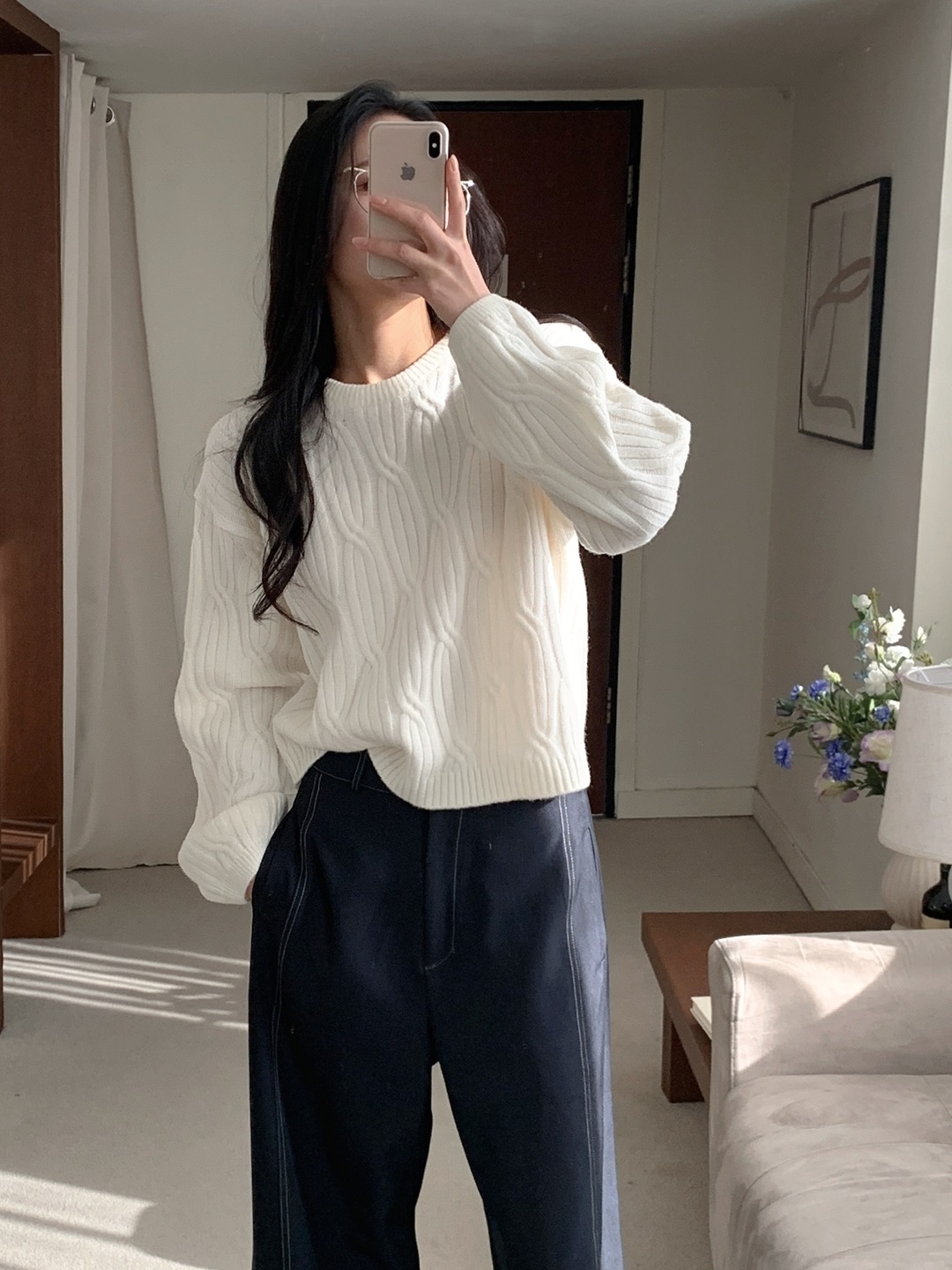 ウール混ラウンドネックルーズ長袖ケーブルニット | 詳細画像2