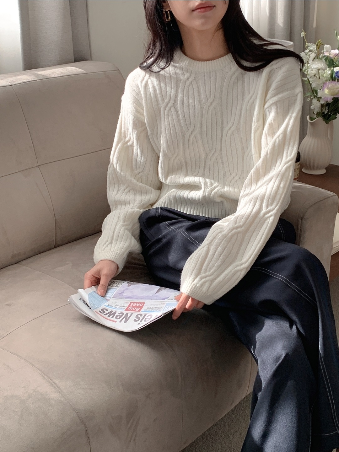 ウール混ラウンドネックルーズ長袖ケーブルニット | 詳細画像5