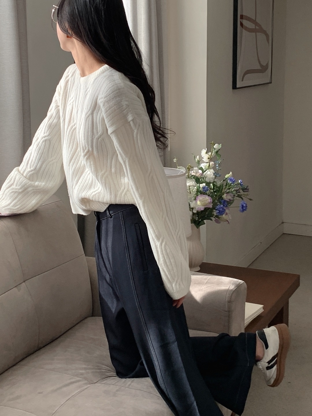 ウール混ラウンドネックルーズ長袖ケーブルニット | 詳細画像8