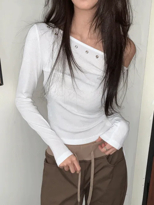 スリムギャザーアイレットオフショルダーワンショルダーTシャツ | banincci | 詳細画像1