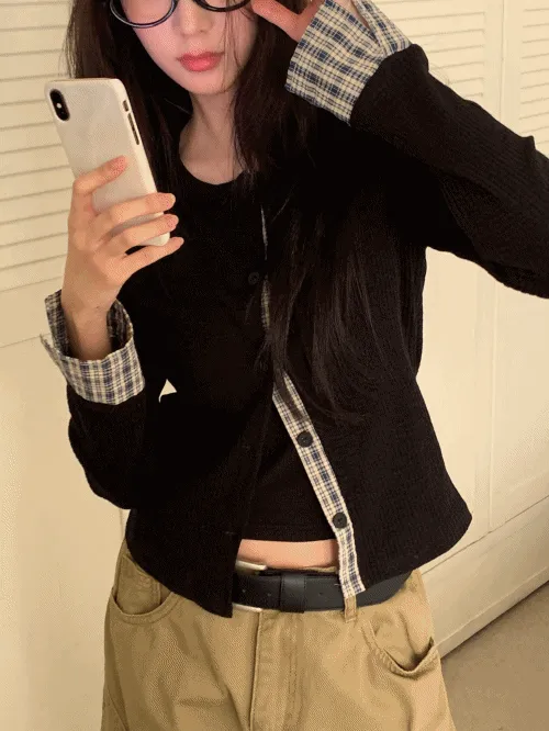 リブニットラウンドネック長袖ボタン配色チェックカーディガン | banincci | 詳細画像1