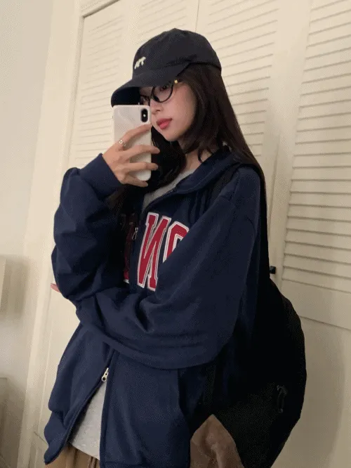 ダブルジップ長袖ルーズボクシーパッチジップパーカー | banincci | 詳細画像1