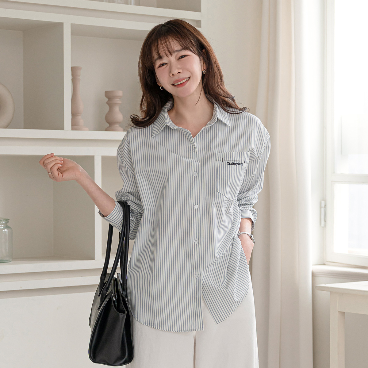 ボタンカラーベーシック長袖ストライプTシャツ | レディース