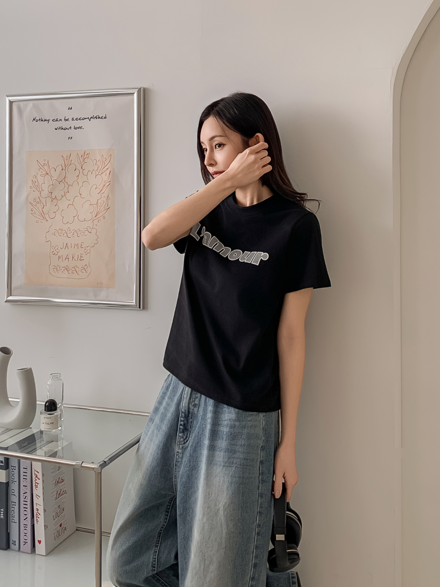 コットンラウンドネックベーシック半袖刺繍Tシャツ | 詳細画像11