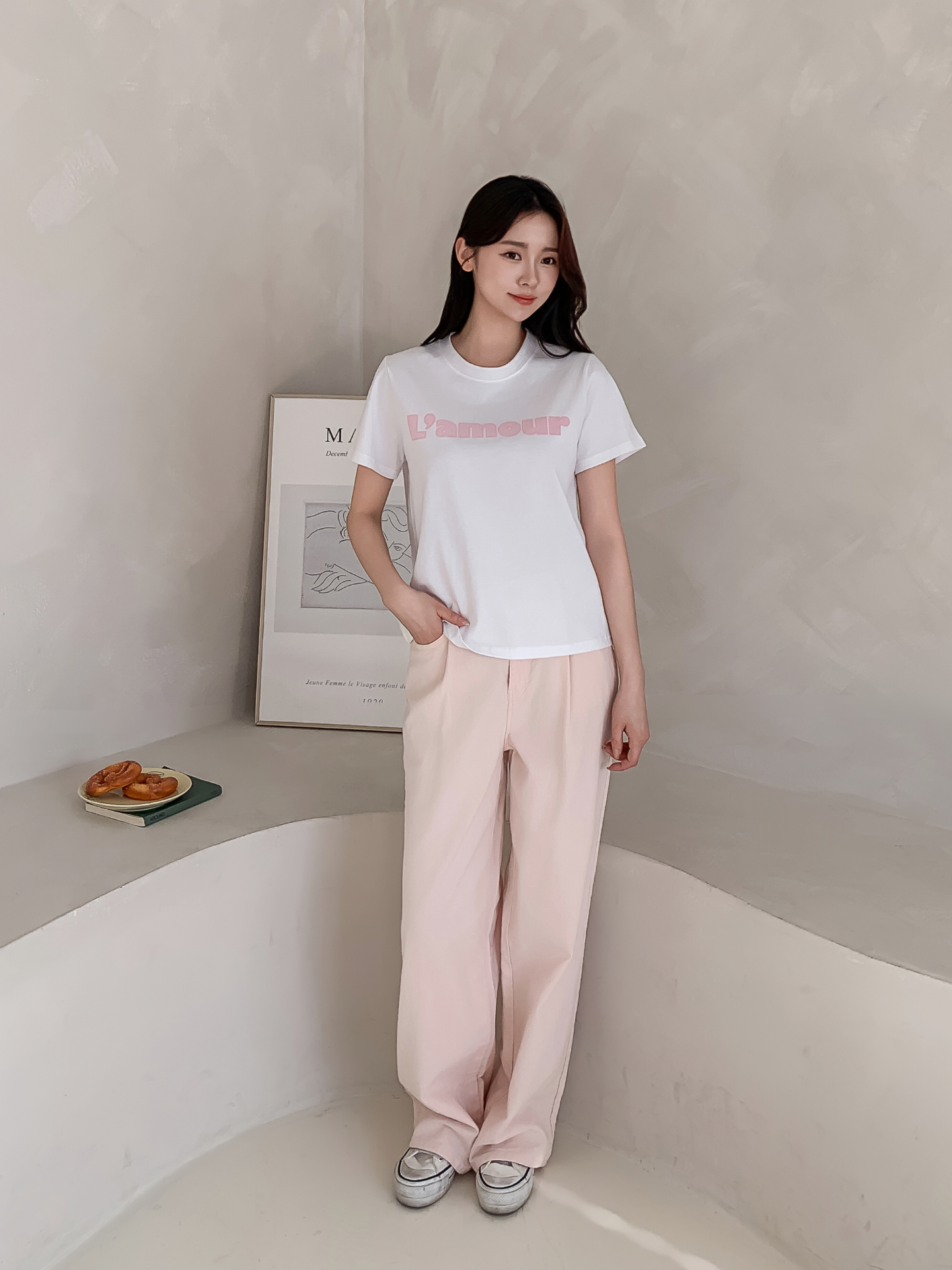 コットンラウンドネックベーシック半袖刺繍Tシャツ | 詳細画像4