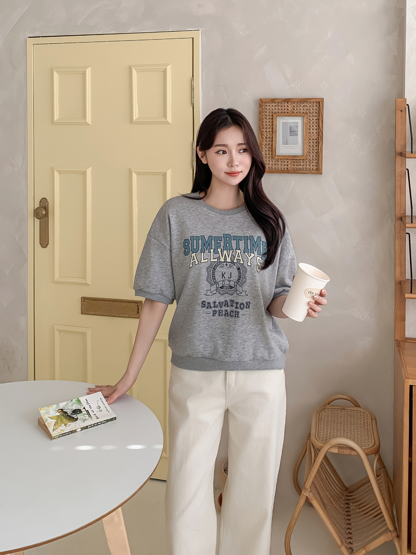 ラウンドネックルーズ半袖ドロップショルダーレタリングスウェット | 詳細画像2