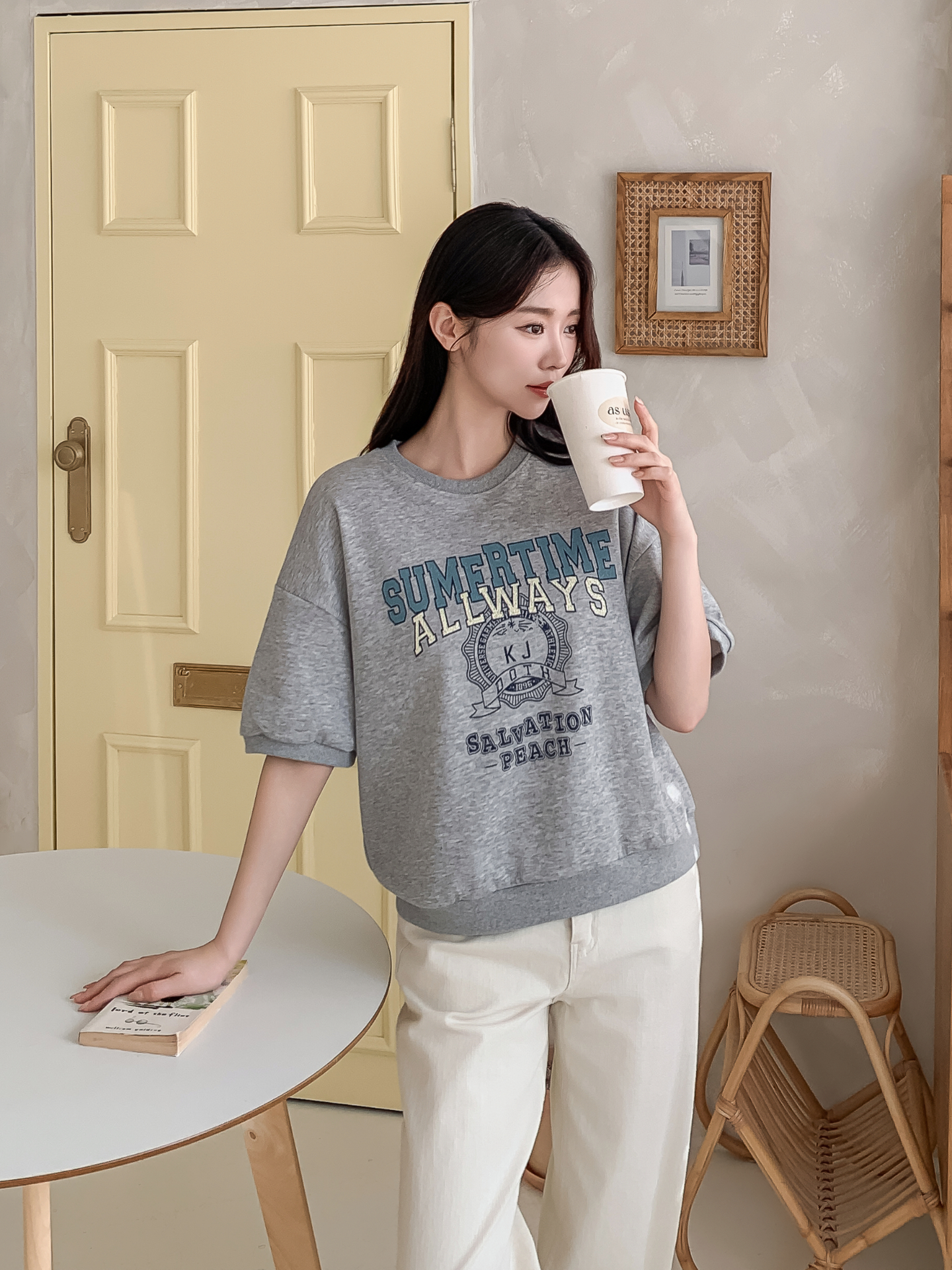 ラウンドネックルーズ半袖ドロップショルダーレタリングスウェット | 詳細画像11